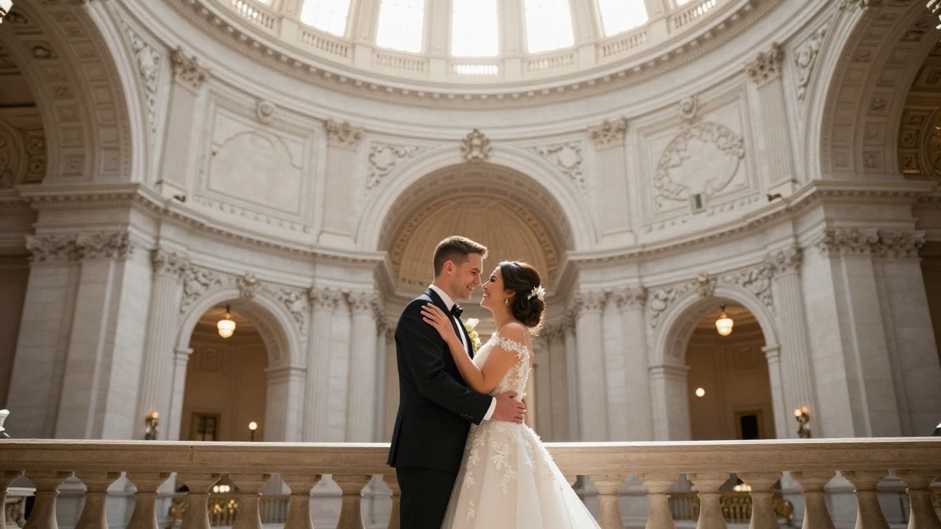 Couple embracing in San Francisco City Hall rotunda.