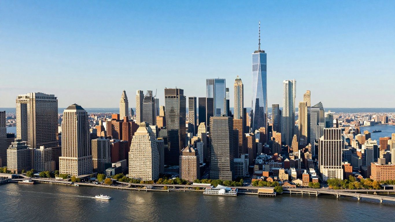 New York City skyline and boroughs aerial view.