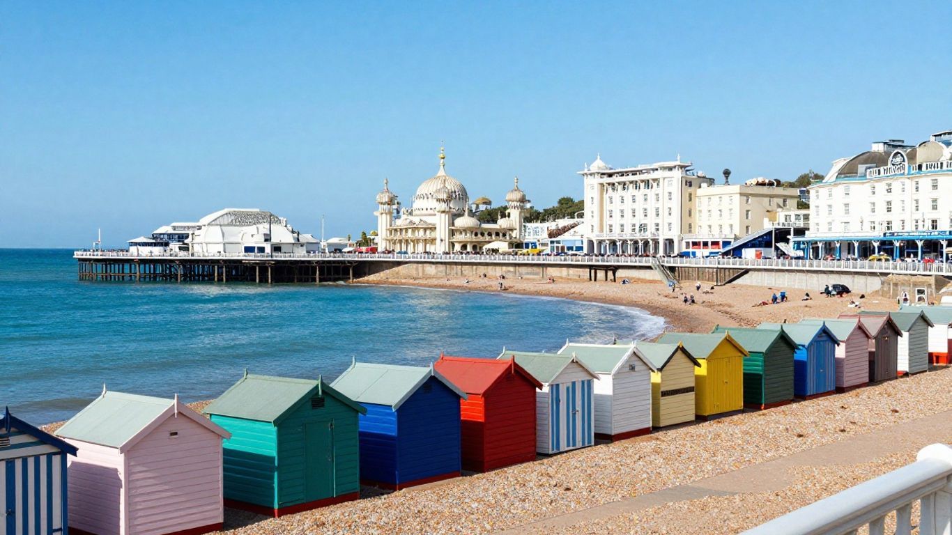 Brighton pier and colorful beach huts on a sunny day.