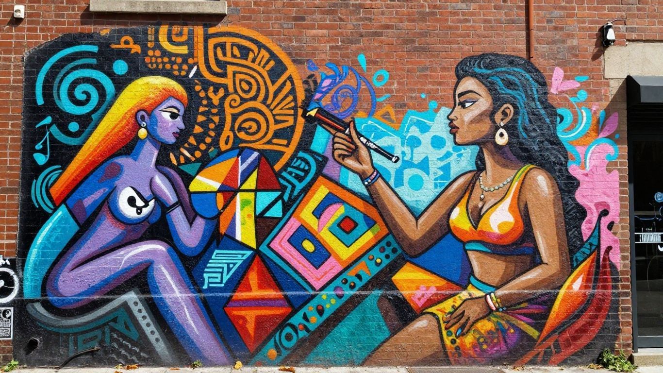 Colorful street art mural on a brick wall.