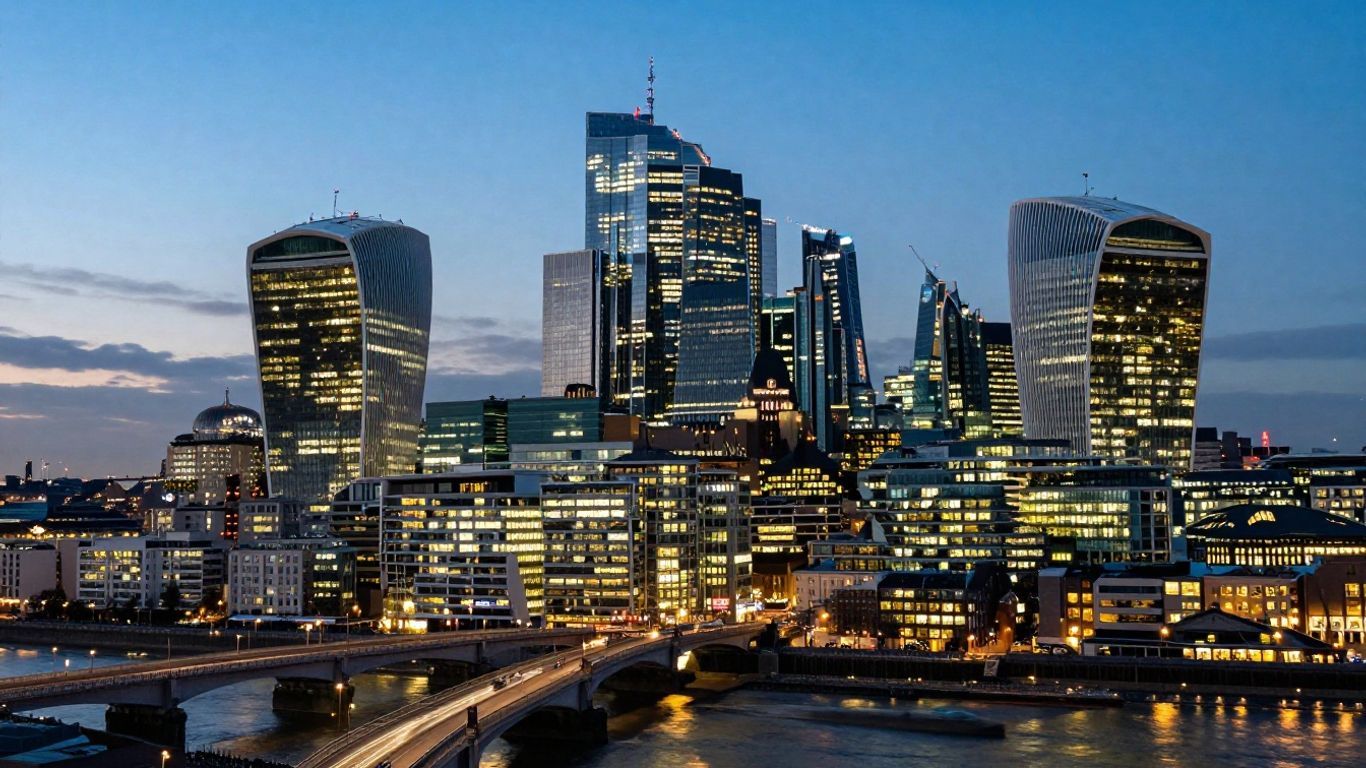 UK city skyline at dusk with illuminated buildings.