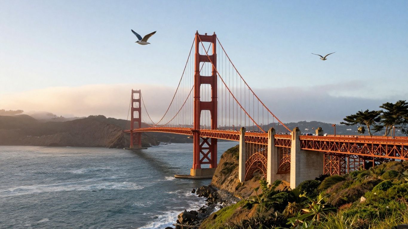 Golden Gate Bridge at sunset with ocean and hills.