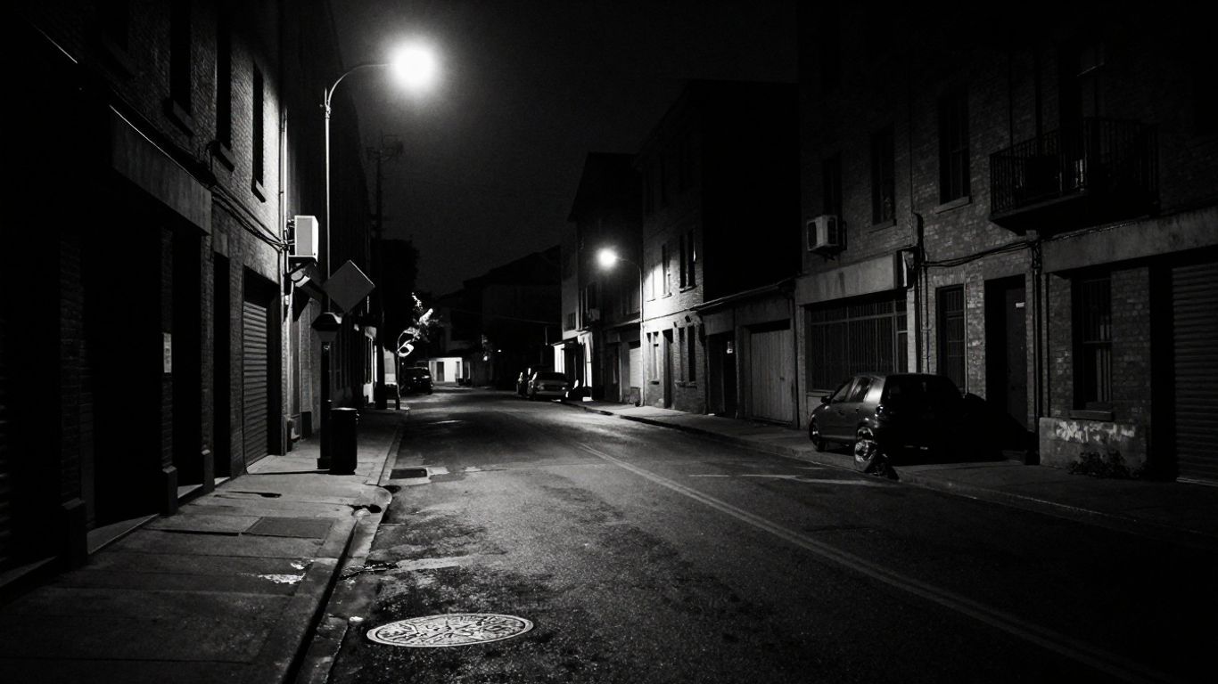 Urban street at night with dramatic lighting.