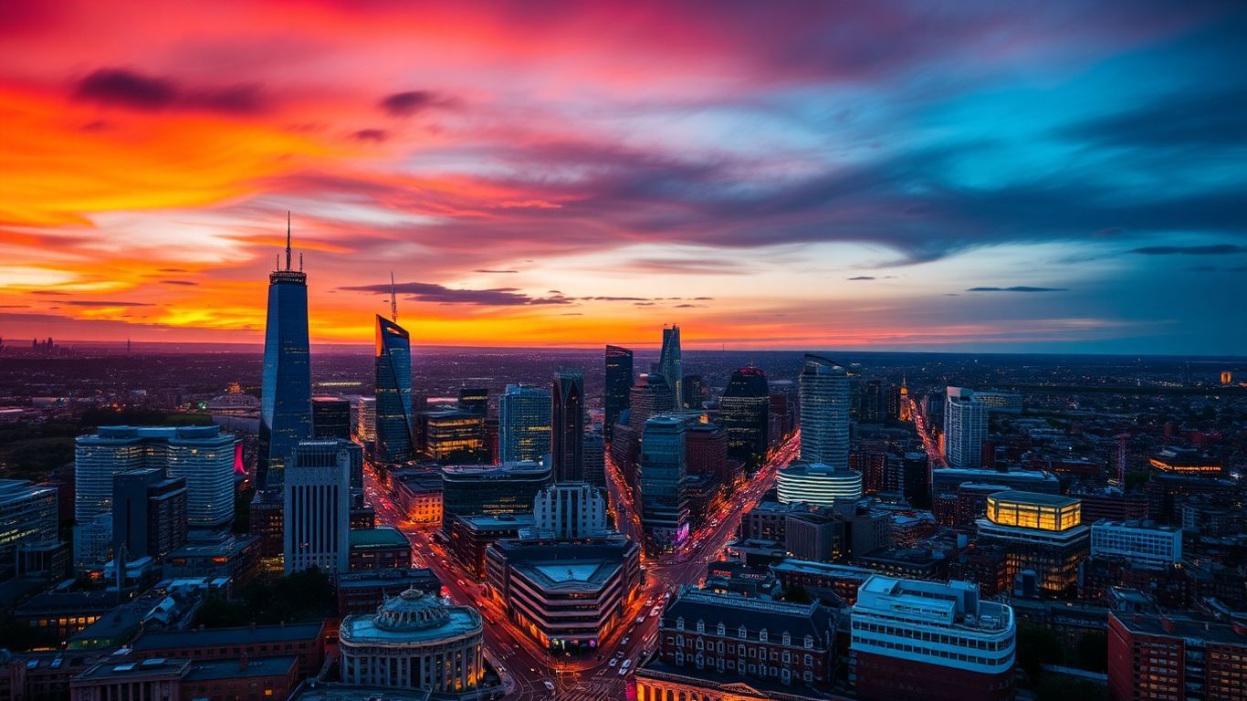 UK city skyline at dusk with illuminated buildings and streets.