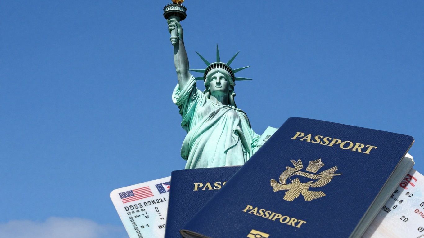 Statue of Liberty with passport and ID for USA travel.