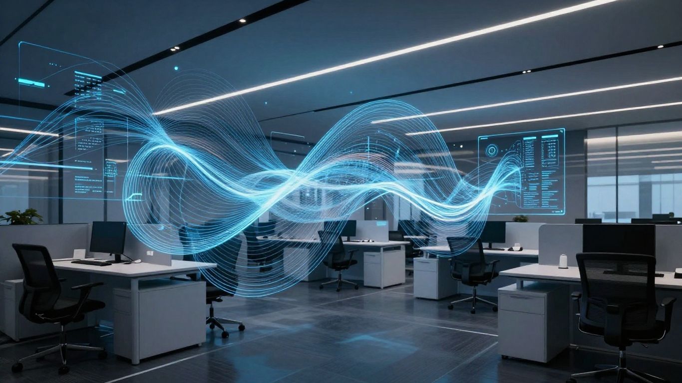Modern office with integrated digital interfaces and glowing light patterns.