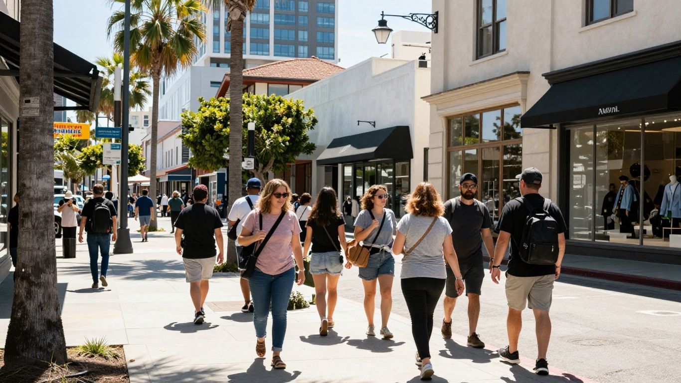 California city street with shoppers and storefronts.