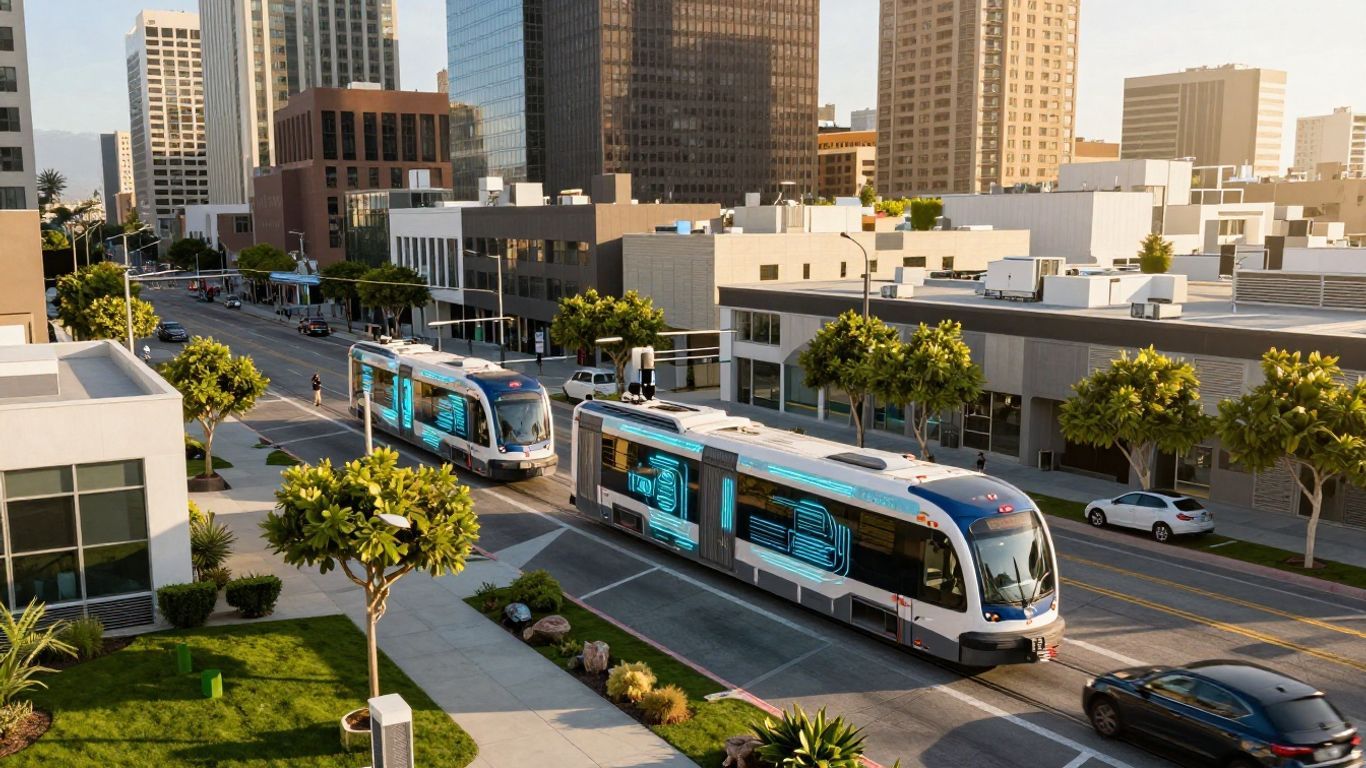 California smart city skyline with futuristic technology and green spaces.