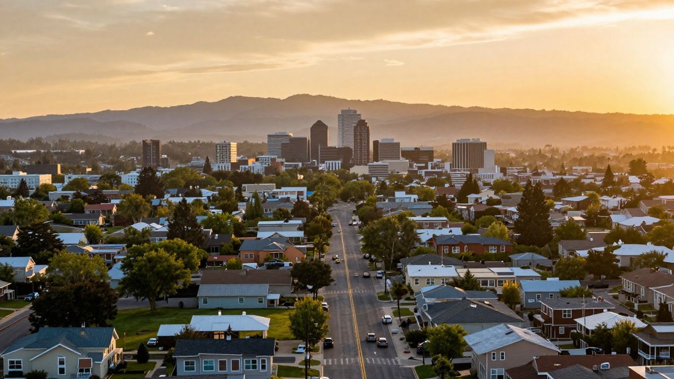 Affordable American city skyline at sunset