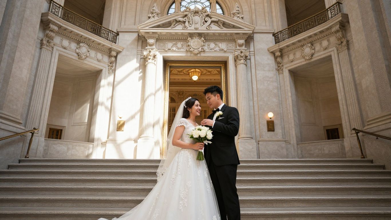 Couple having a wedding ceremony at San Francisco City Hall.