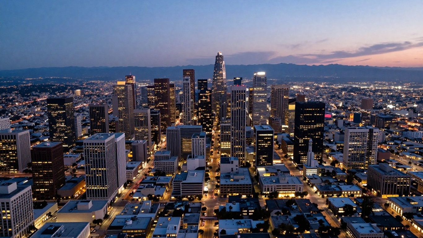 California cityscape at dusk with illuminated skyscrapers.