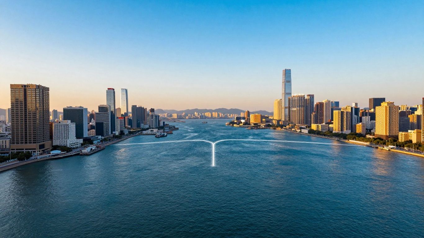Two cities connected by a line over the ocean.