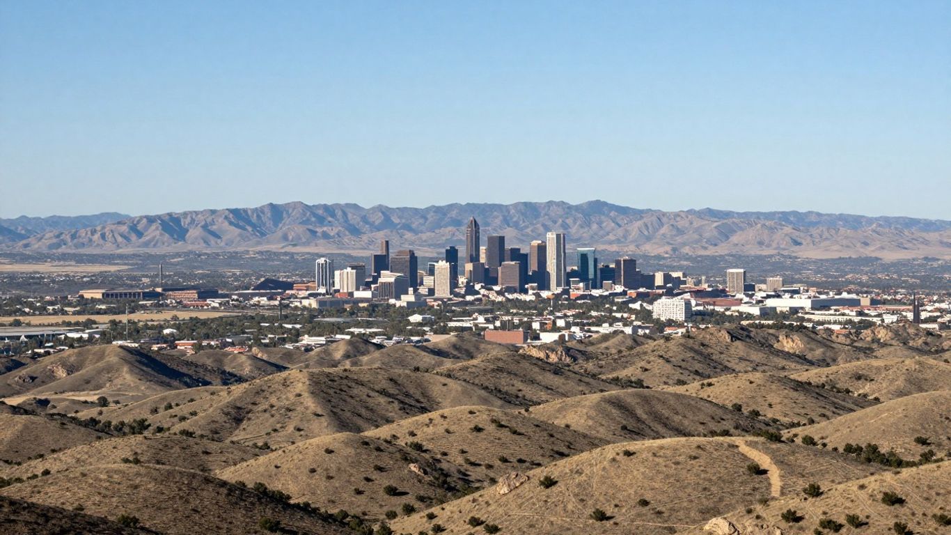 Vast Texas landscape with distant city skyline and mountains.