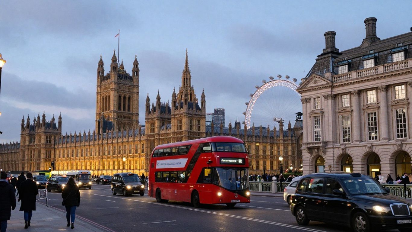 London skyline at dusk with iconic landmarks.