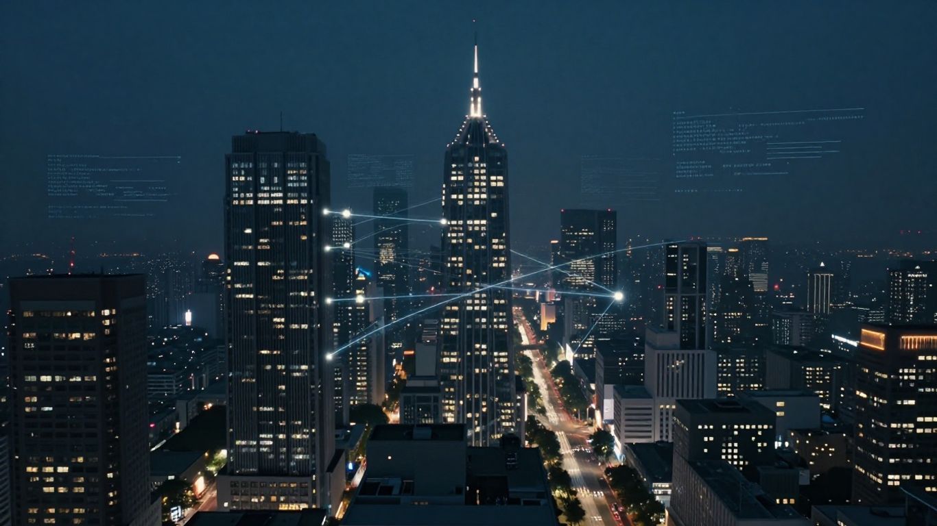 Futuristic smart grid connecting city power infrastructure.