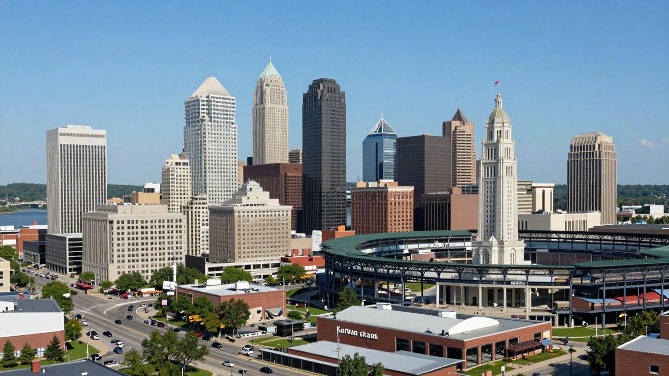 Kansas City skyline with landmarks and river.