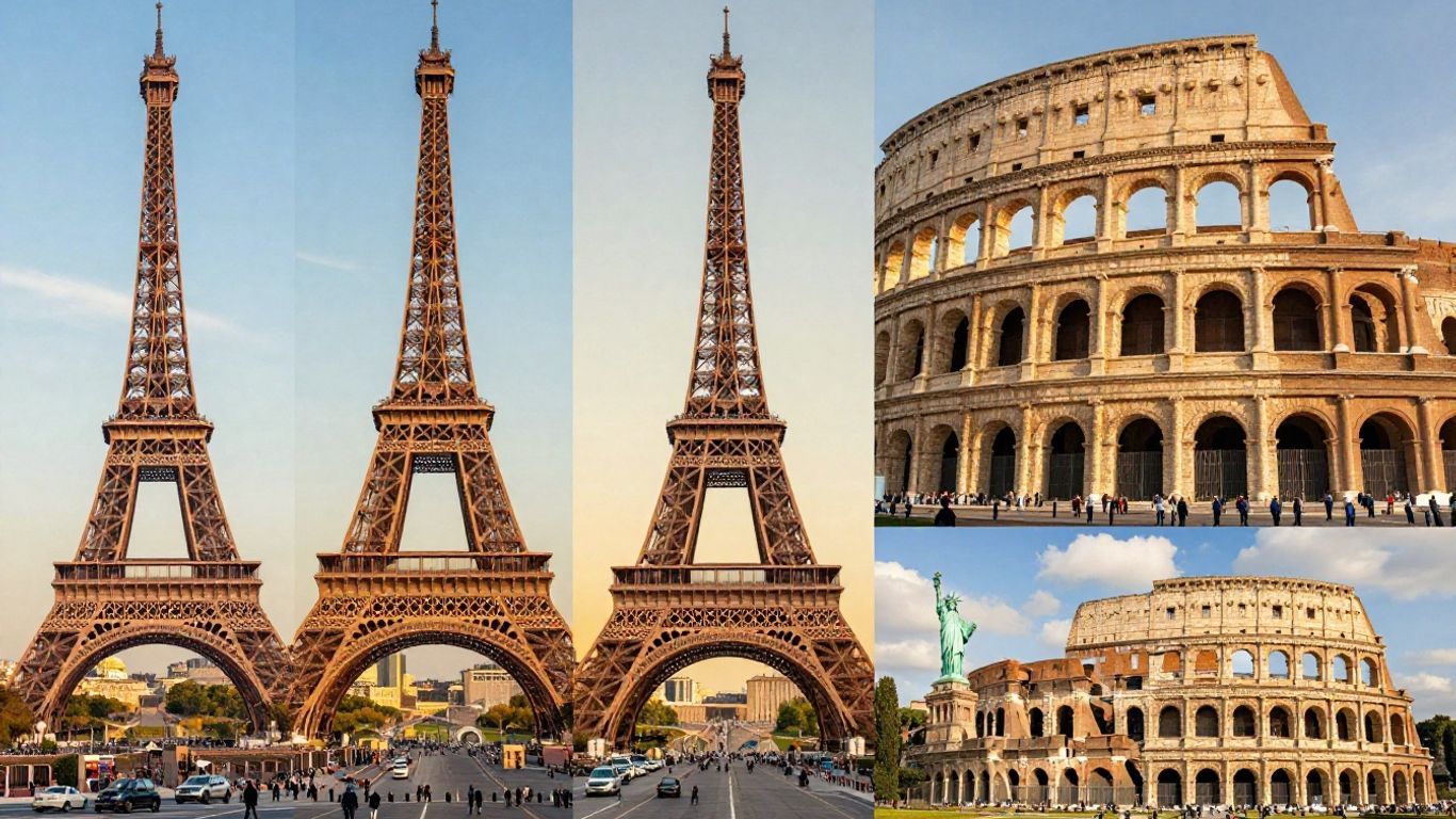 Iconic global landmarks and diverse cityscapes for travel.