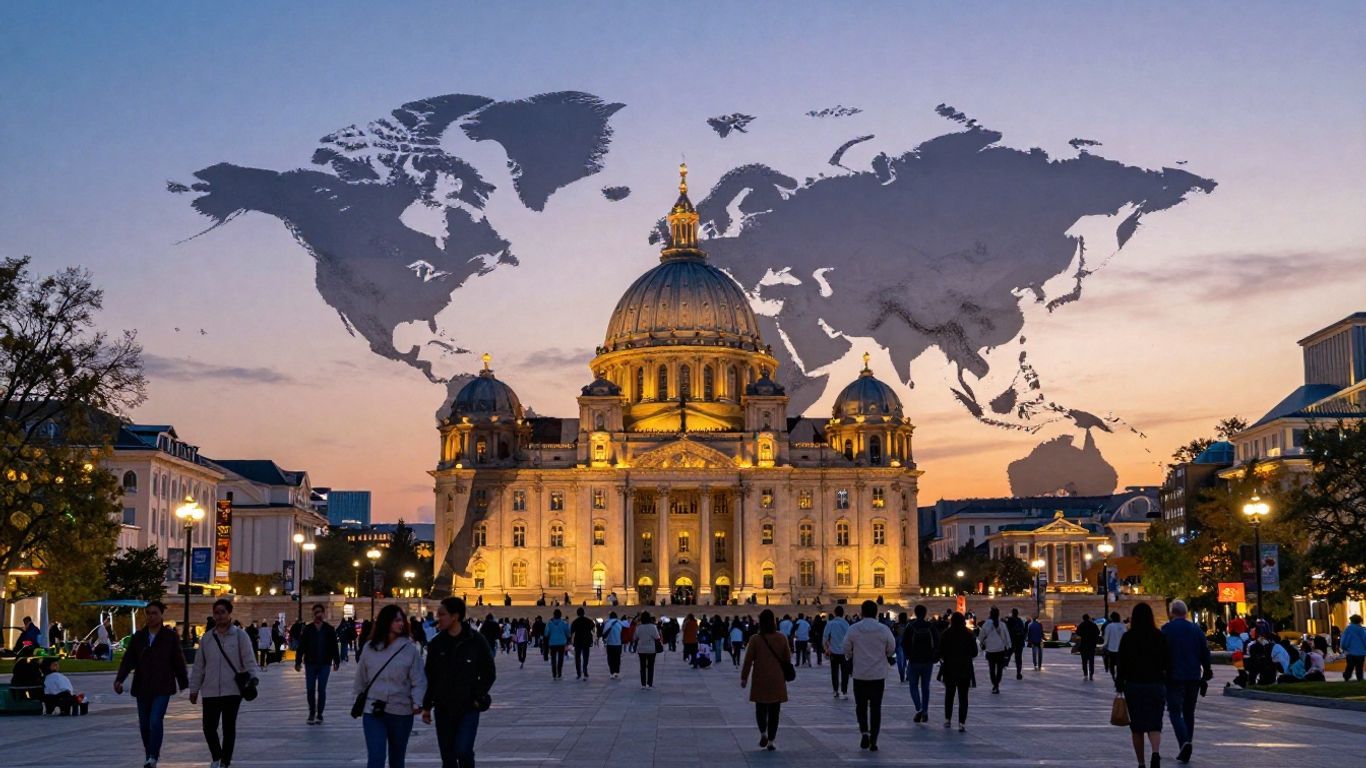 Global cityscape with illuminated landmarks and diverse crowds.
