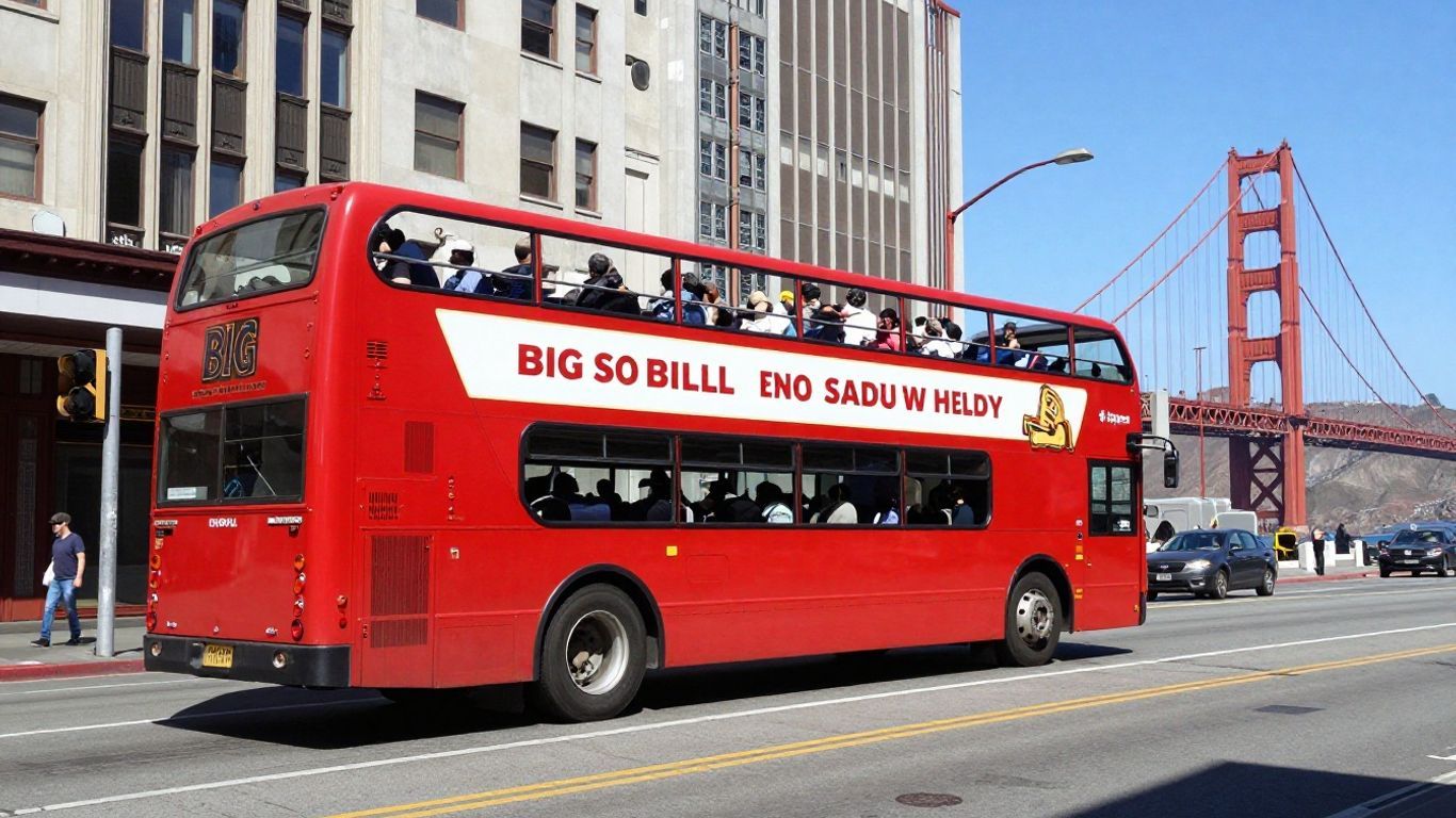 Big Bus Tours San Francisco double-decker bus with Golden Gate Bridge.