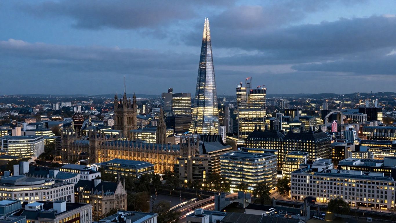 UK cities skyline at dusk, London prominent.