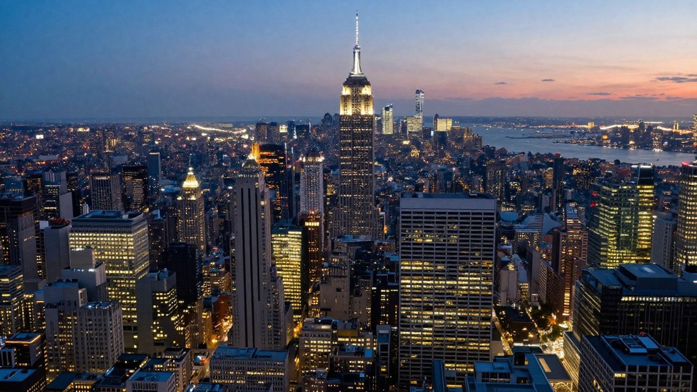 Illuminated cityscape of a major US city at dusk.