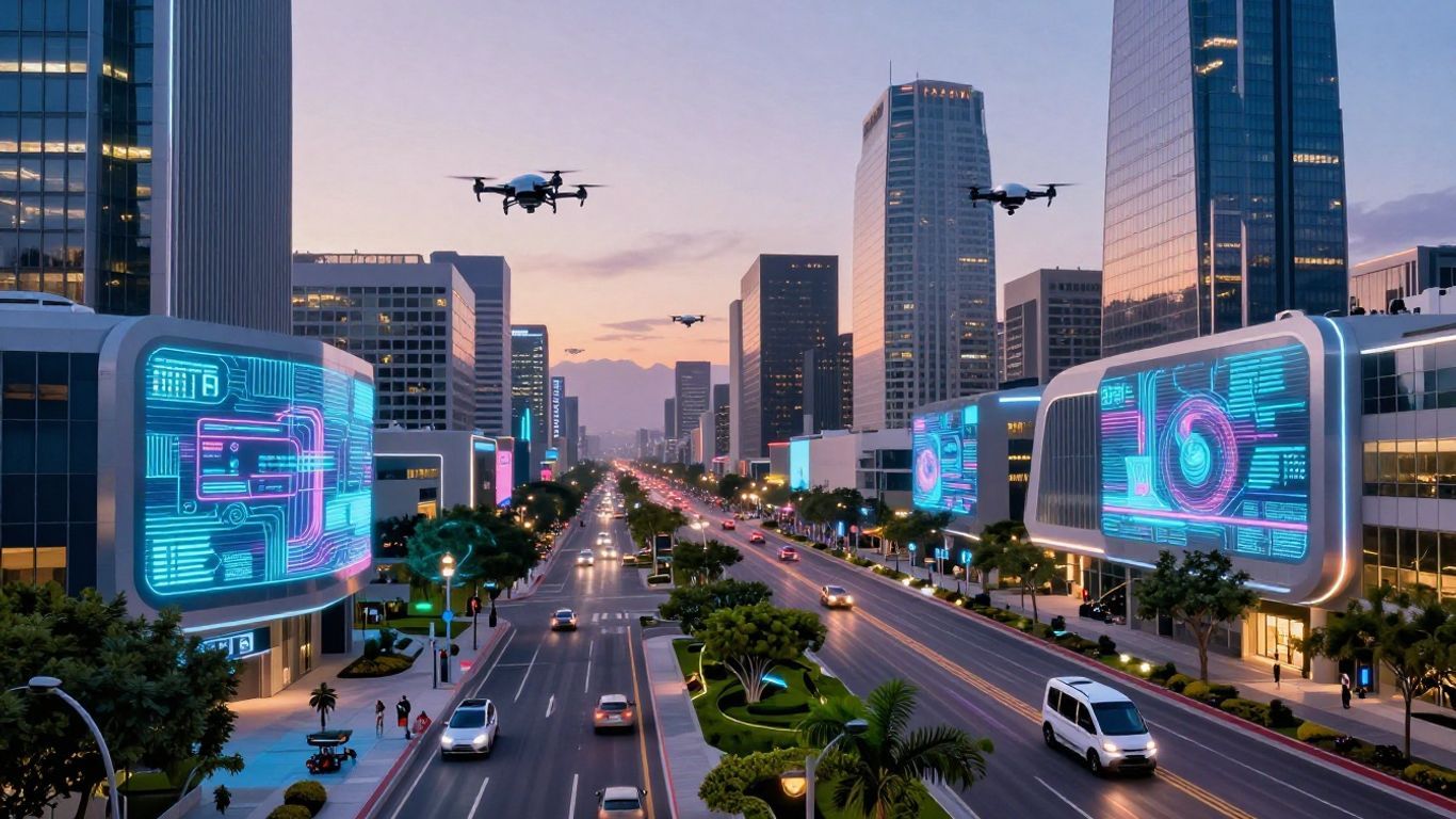 Smart city California map with futuristic urban landscape.