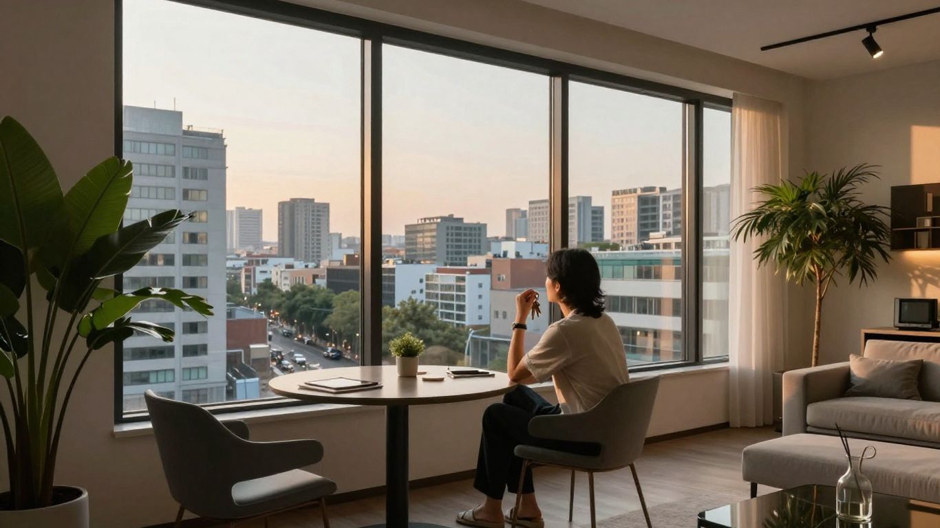 Person looking out apartment window at city skyline.