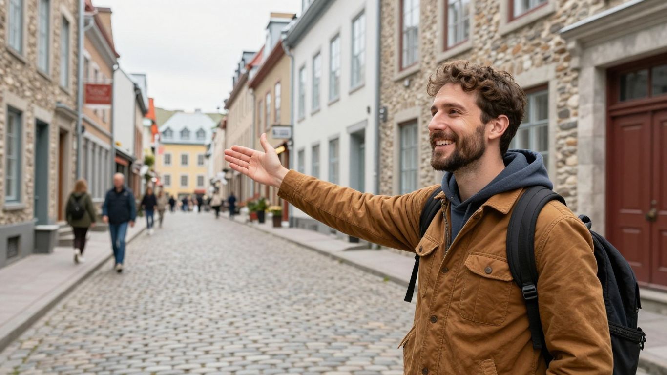 Quebec City tour guide in front of historic buildings.