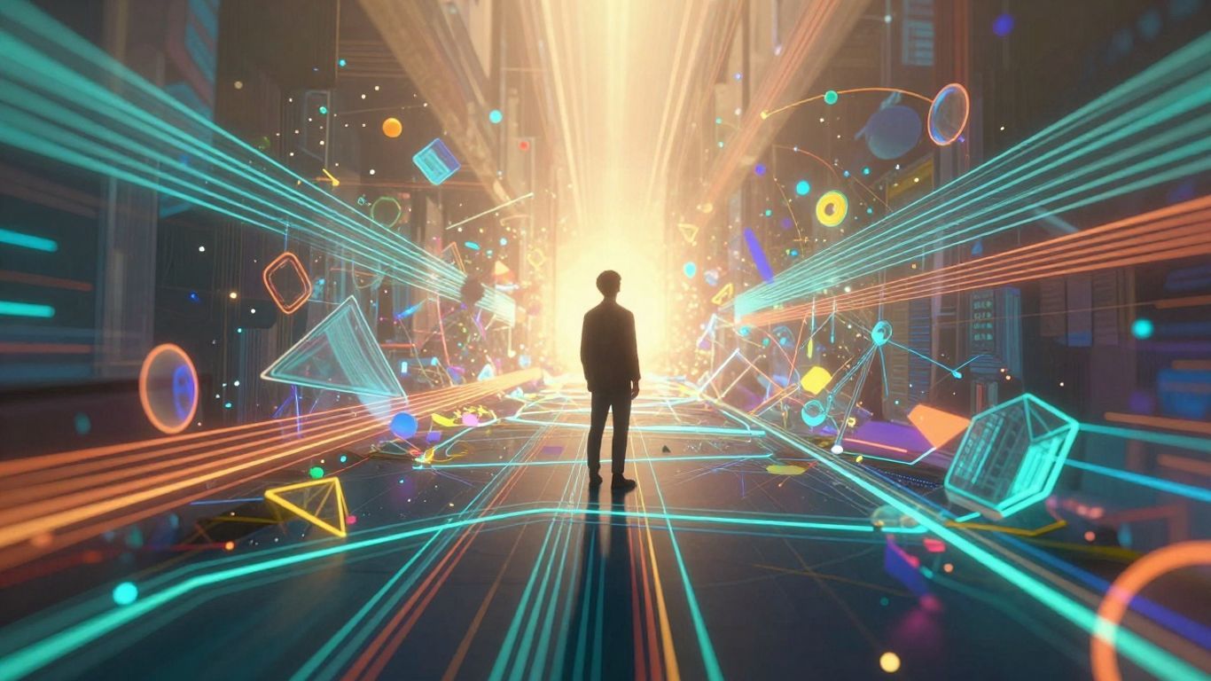 Person contemplating a futuristic digital trading landscape.