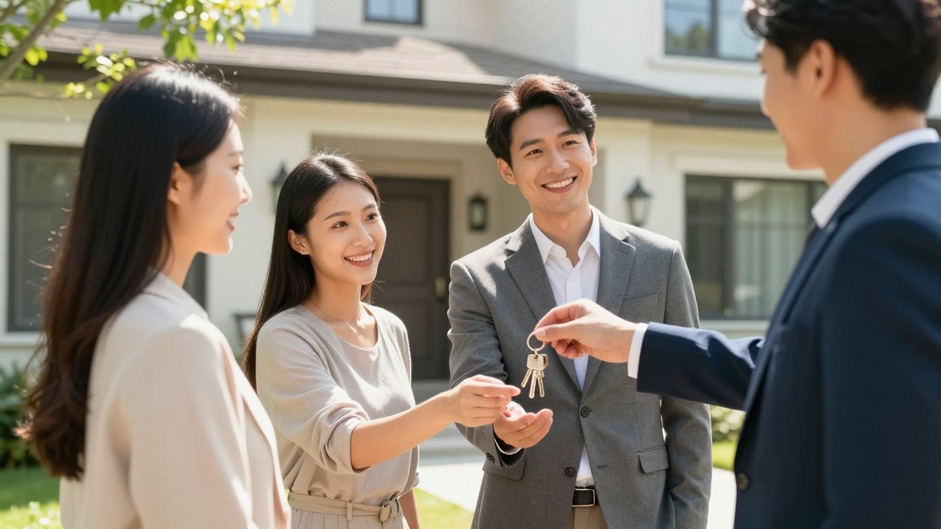 Real estate agent giving house keys to happy buyers.