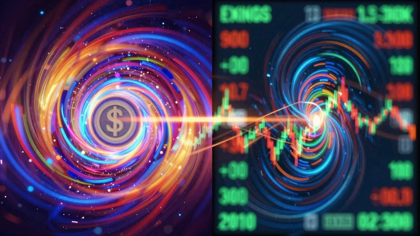 Forex and stock market abstract visuals side-by-side.