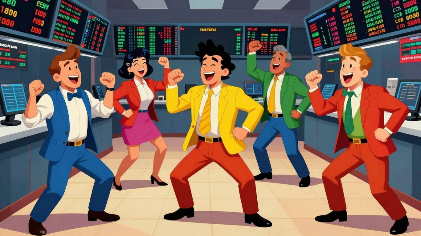 Traders laughing on a stylized stock market floor.