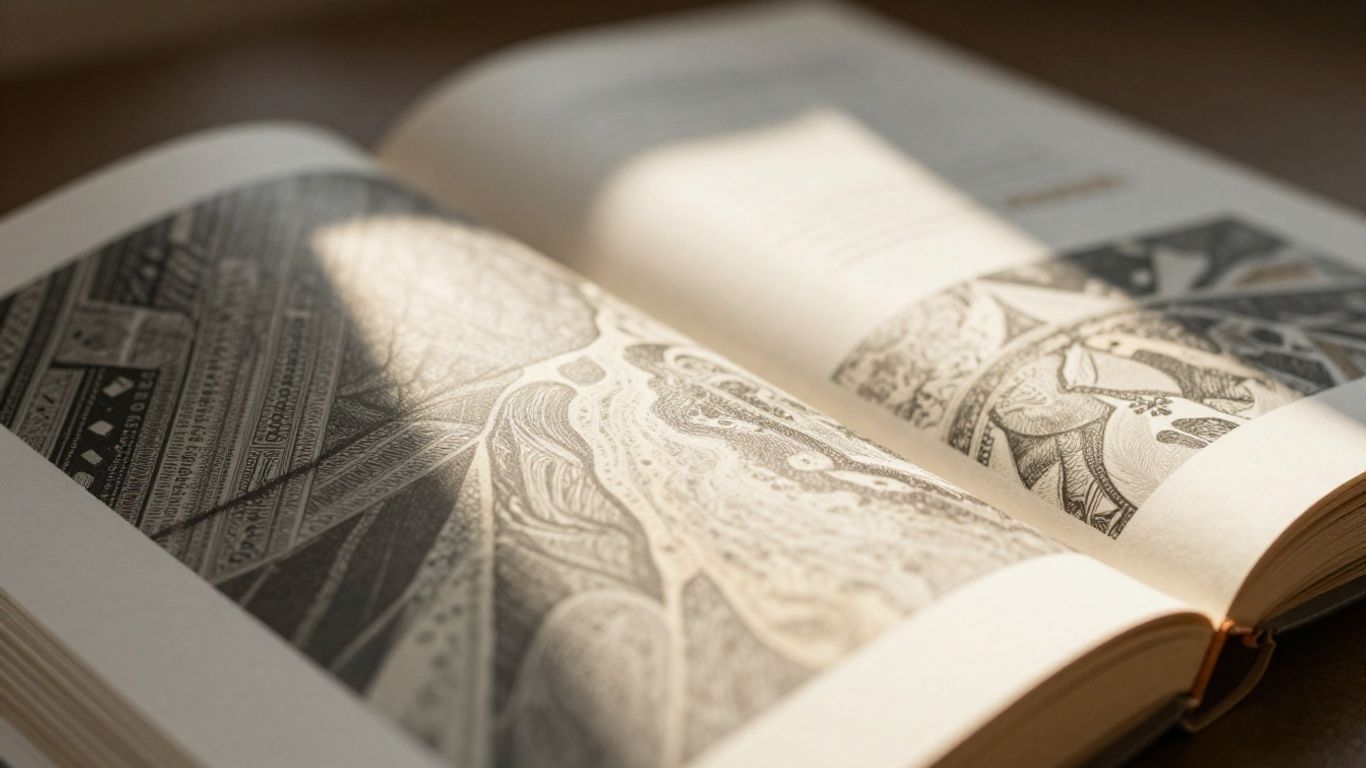 Open book with abstract patterns and light.