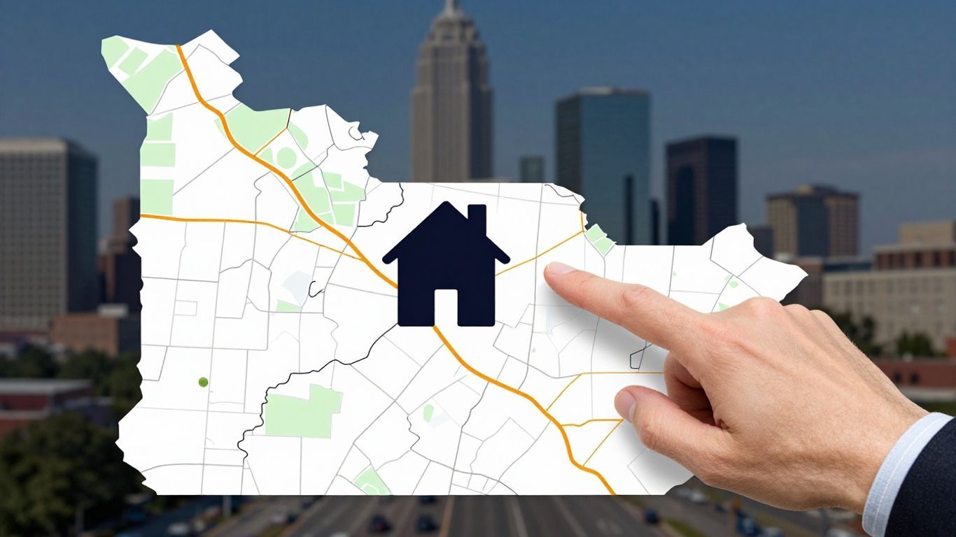 Pennsylvania map with house icon and pointing hand.