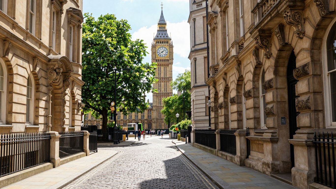 Historic London street with ornate buildings and clock tower.