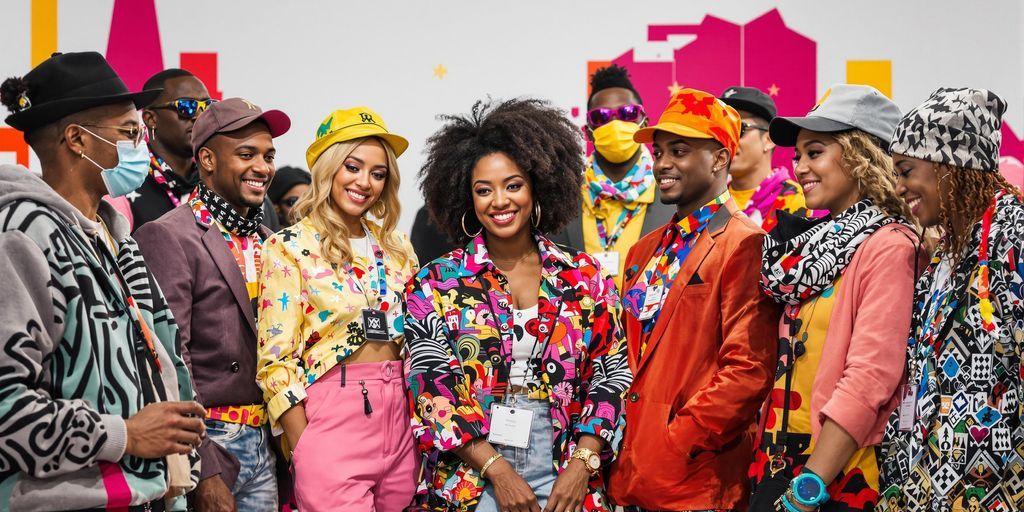 Diverse fashion marketers collaborating in a vibrant setting.