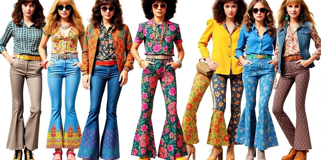 Colorful 1970s fashion styles with bold patterns and outfits.
