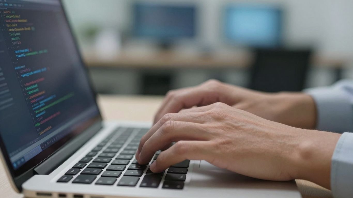 Hands coding on a laptop for algorithmic trading.
