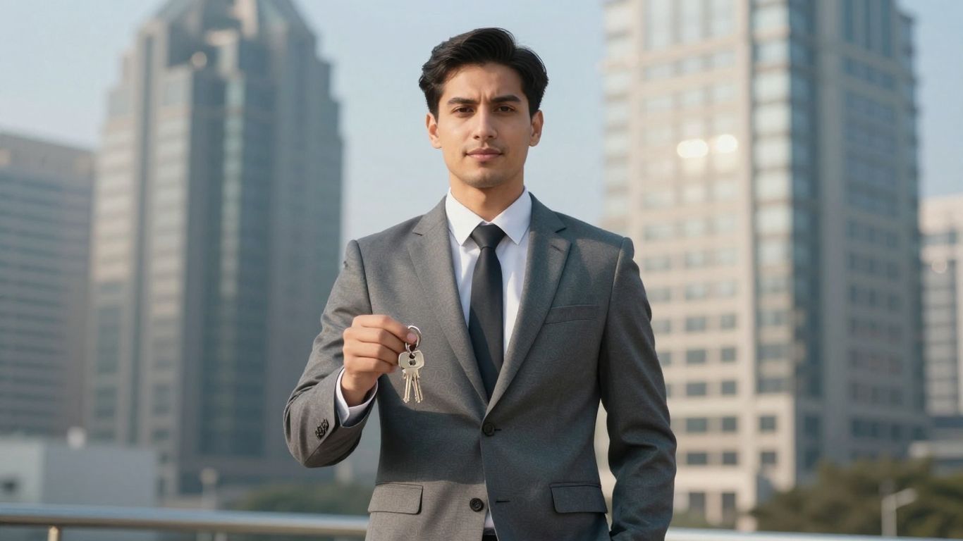 Real estate broker with keys, cityscape background, professional attire.