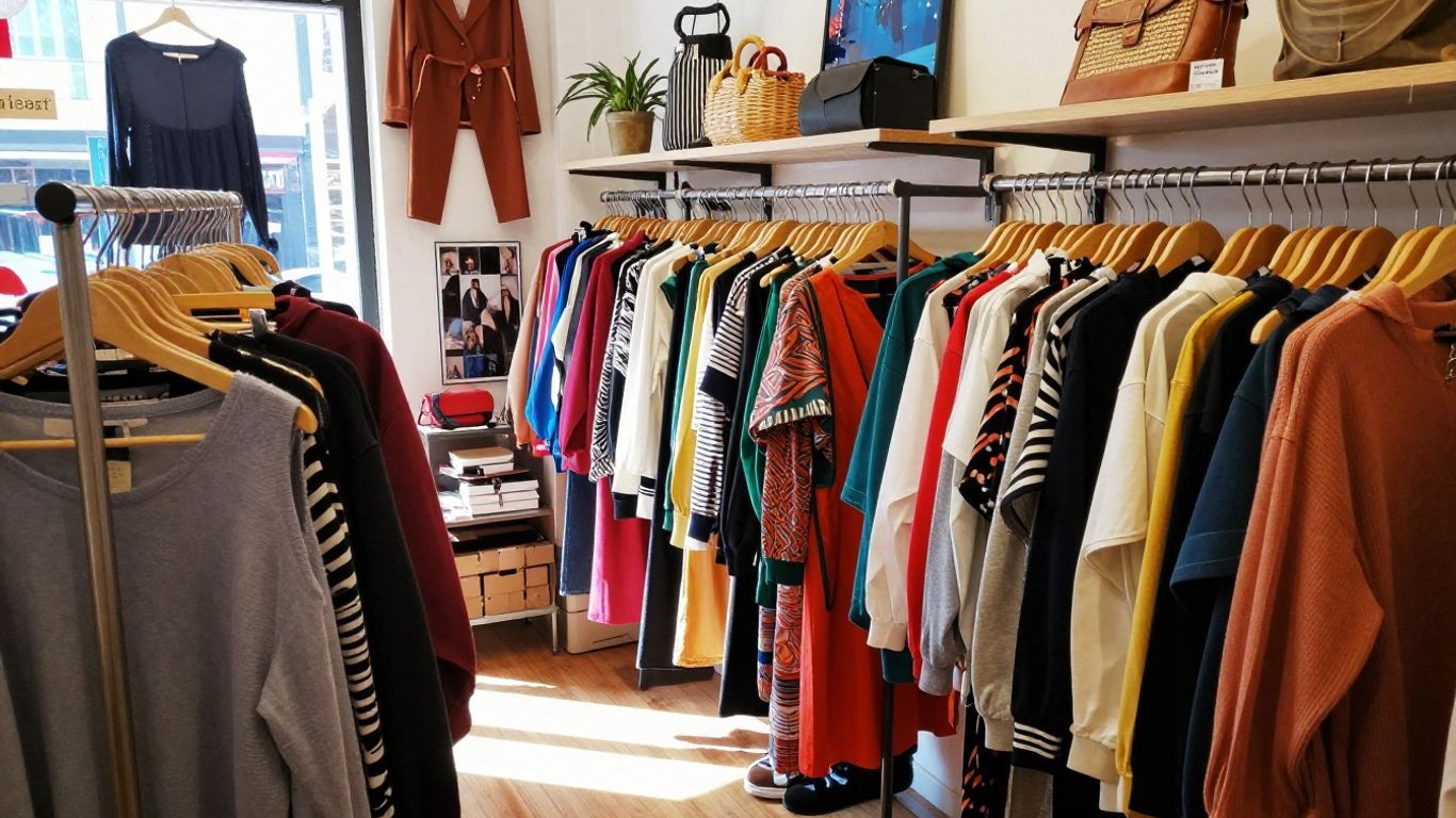 Colorful clothing racks inside Crossroads Trading Company store.