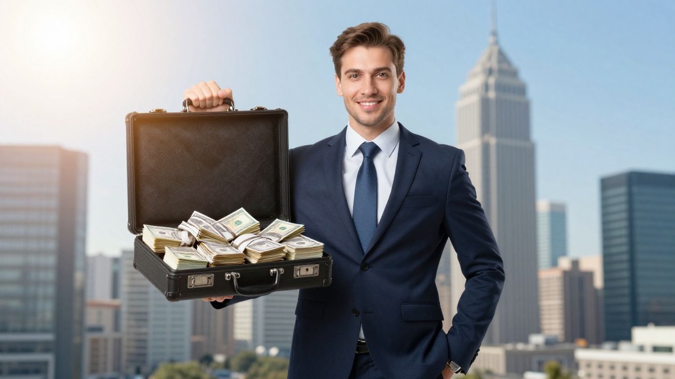Insurance broker with briefcase and cityscape background.