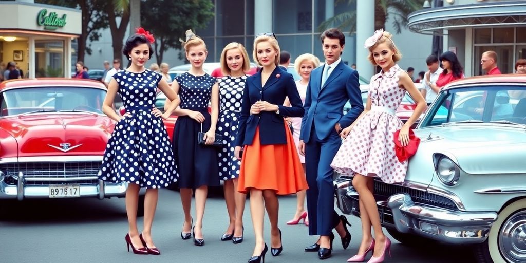1950s fashion models in classic styles and vibrant colors.
