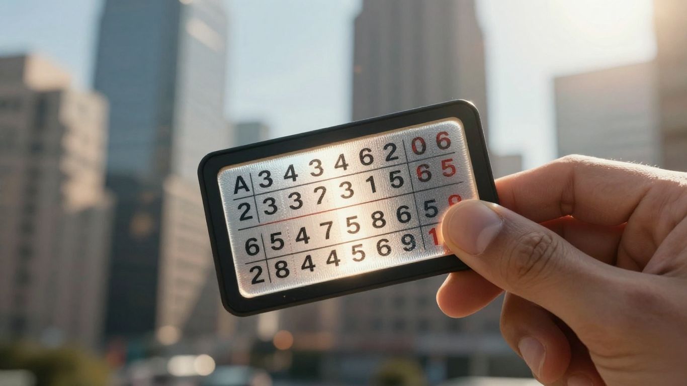 Hand holding stock ticker symbol with city background.