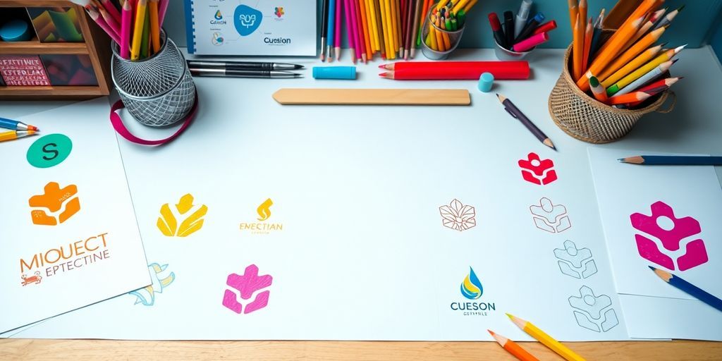 Colorful logo sketches and creative design tools.