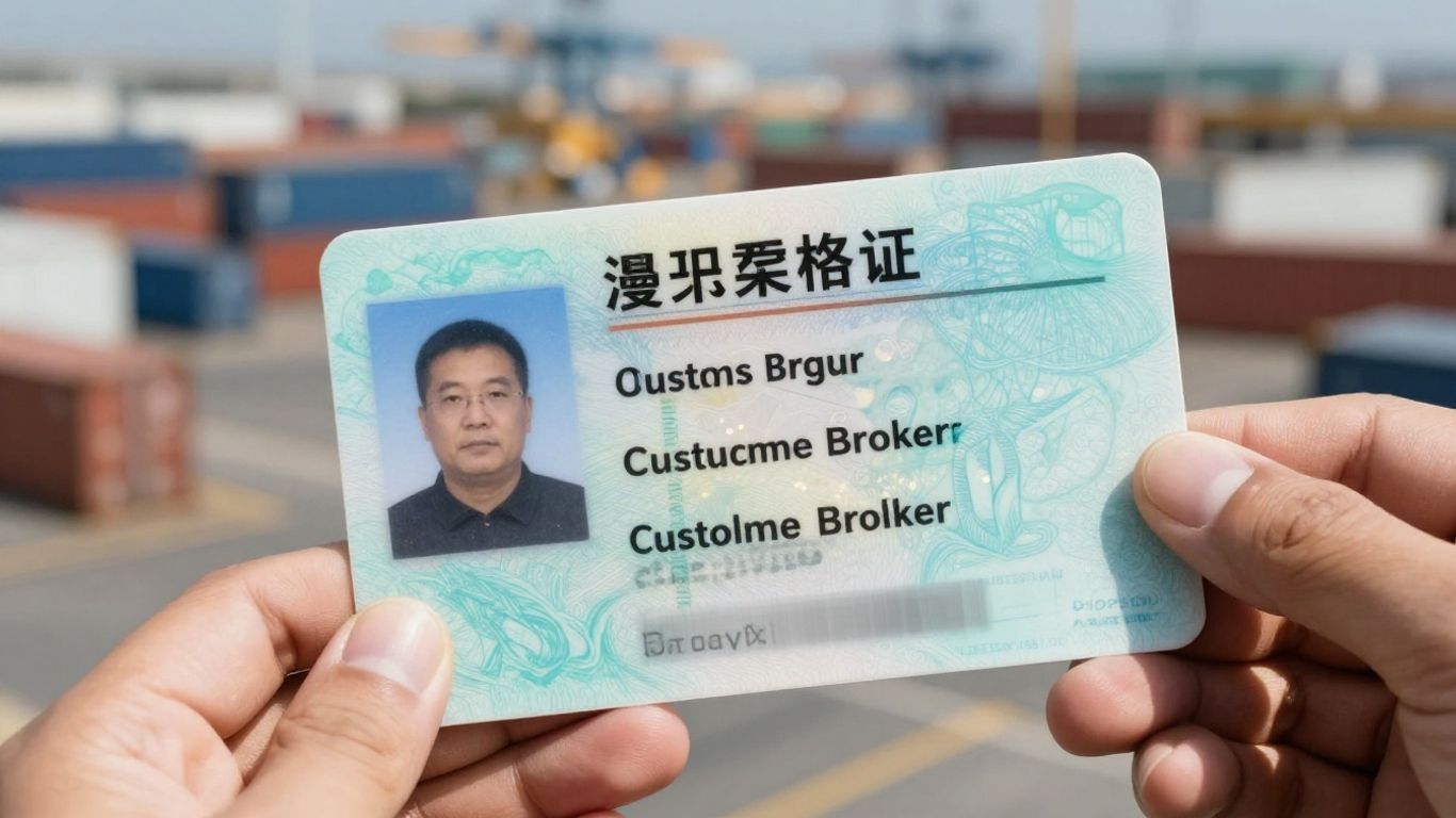 Customs broker license document with port background.