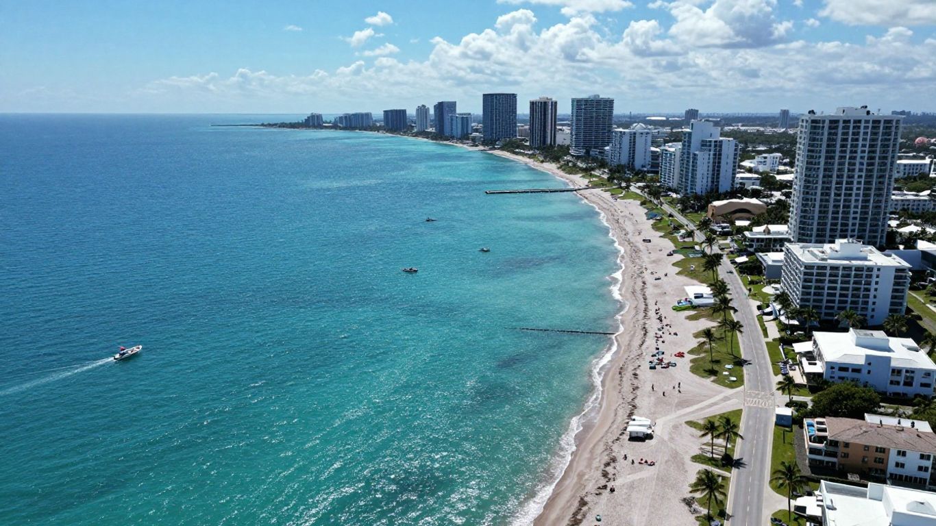 Florida cities coastline with ocean and palm trees.