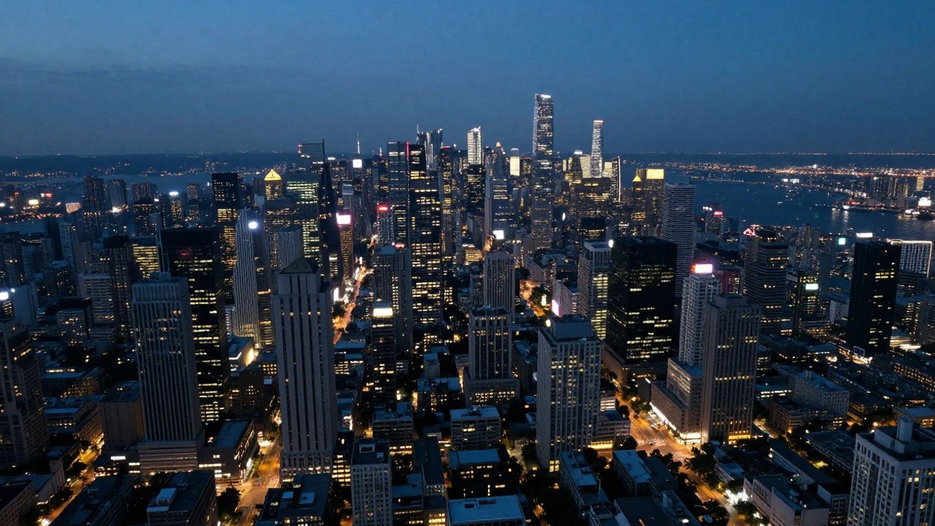 Aerial view of a major US city skyline at dusk.