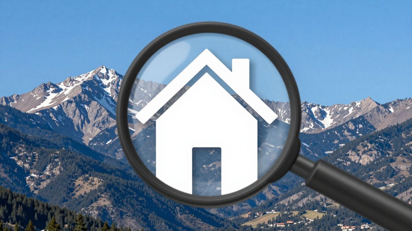 Colorado landscape with house icon and magnifying glass.