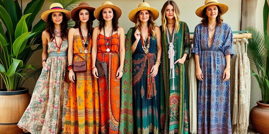 Colorful boho wardrobe with dresses and accessories.