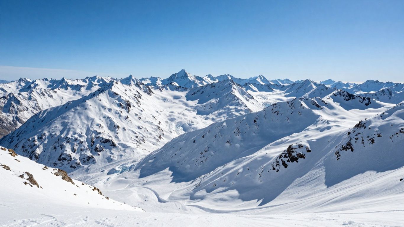 Vast snow-covered mountains under a clear blue sky.